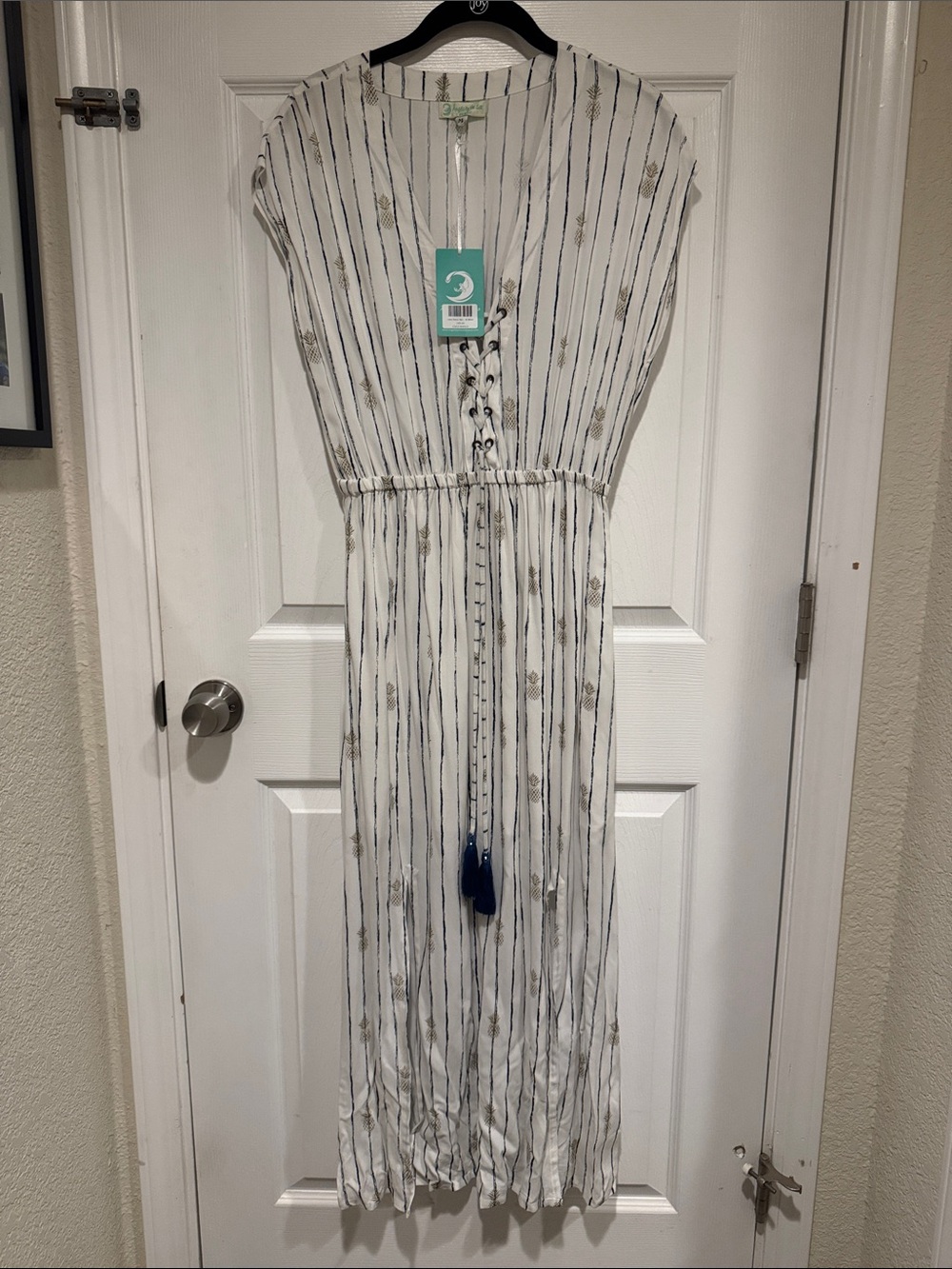 M Striped Maxi Dress with Tassel Tie and Gold Pineapple Motif Nautical Vacation